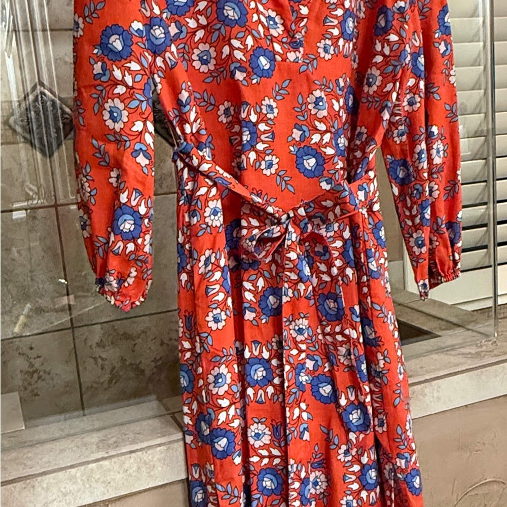 Women's Orange Floral Tie-Waist Dress